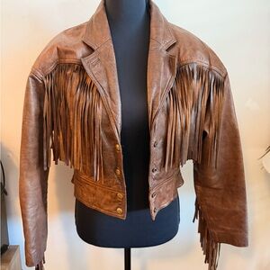 Cropped Brown Fringe Leather Jacket for Women